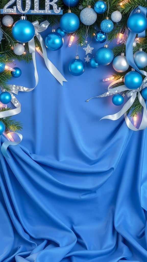 A festive blue Christmas background with ornaments, lights, and ribbons creating a cheerful holiday atmosphere.